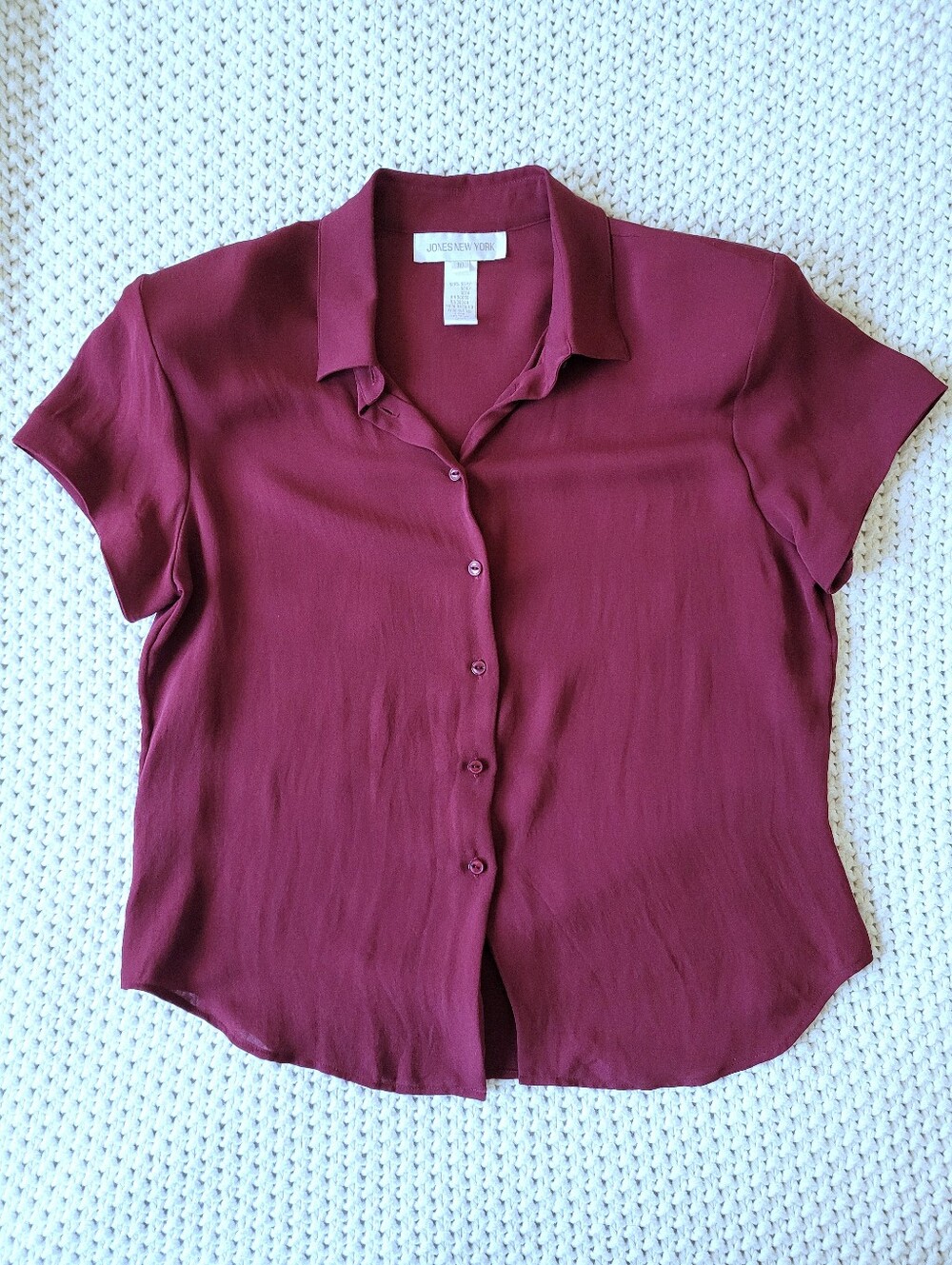 Jones New York Vintage 100% Silk Button Down Short Sleeve Blouse, Wine Red
